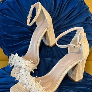 Kelly & Katie Cream Ankle Strap Heels with Embellishments